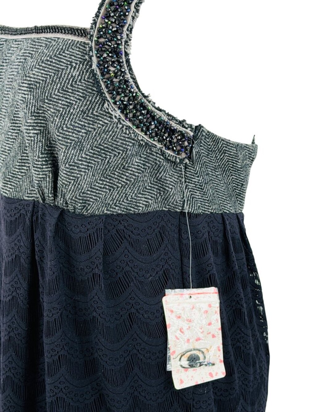 VTG NWT Free People Herringbone Lace Beaded Mini Dress | Indie Sleaze Boho Twee - Picture 13 of 16